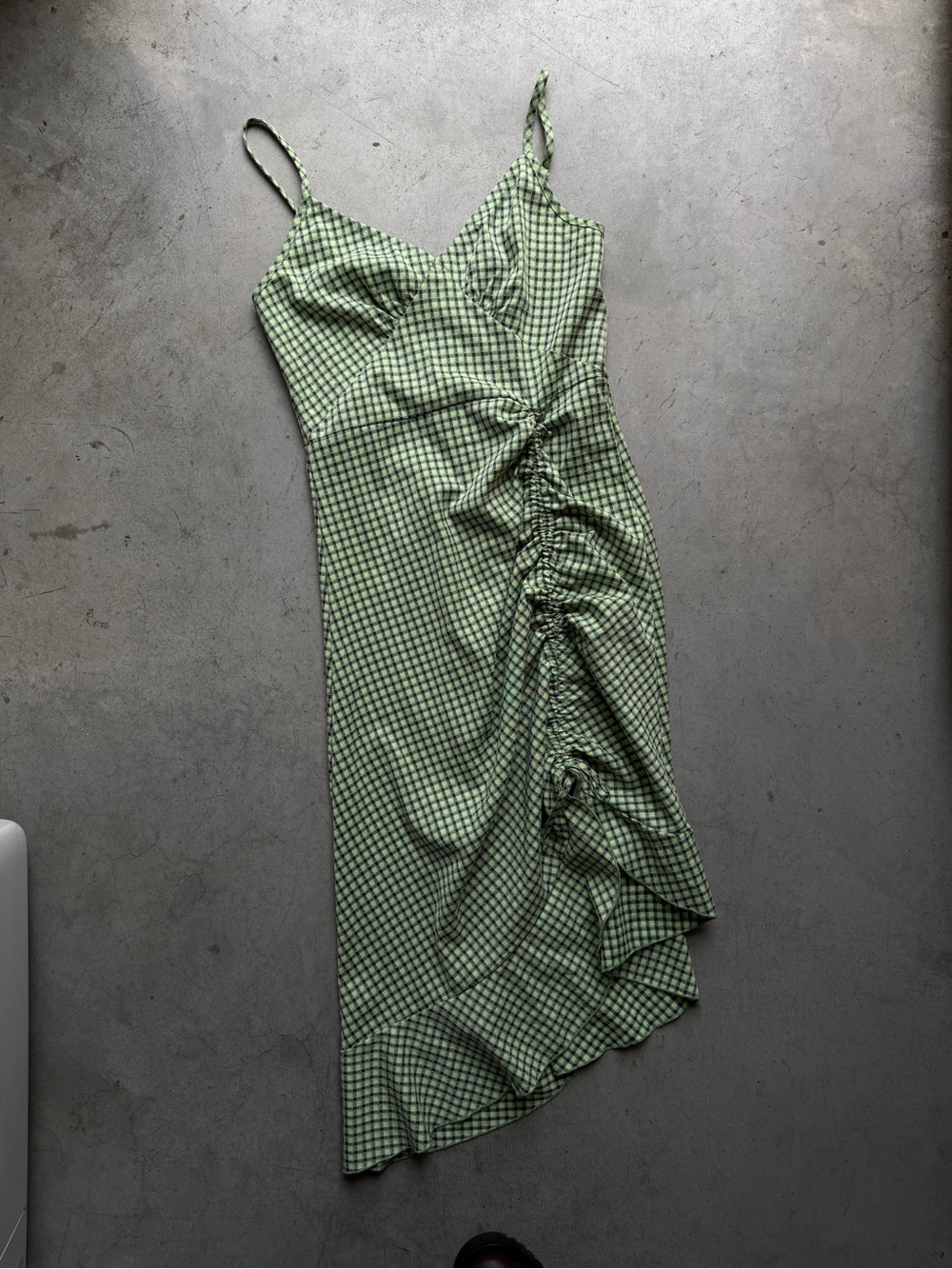 Cider Light Green Gingham Ruched Slip Midi Dress